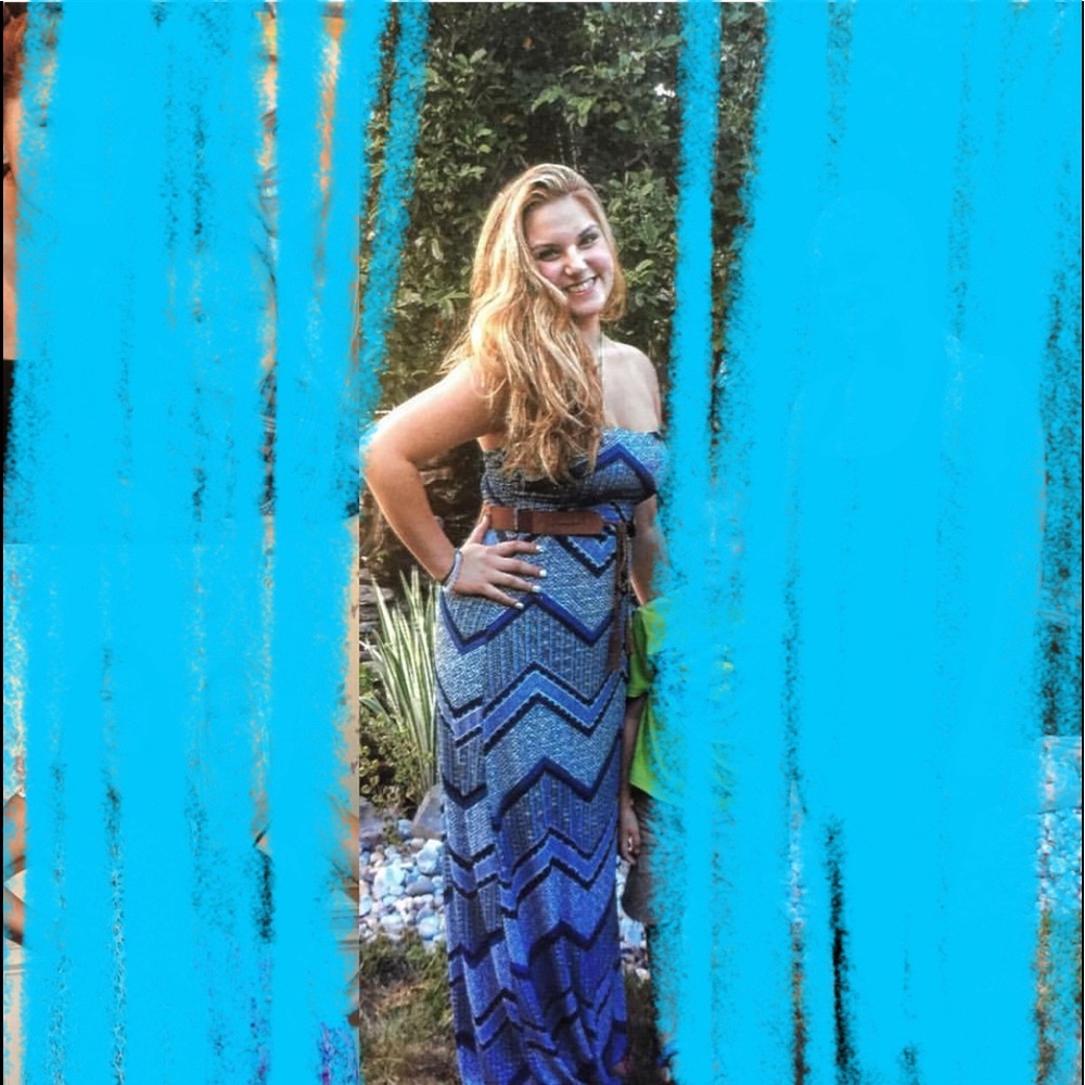 Large strapless navy blue maxi dress with grey stripes and pattern